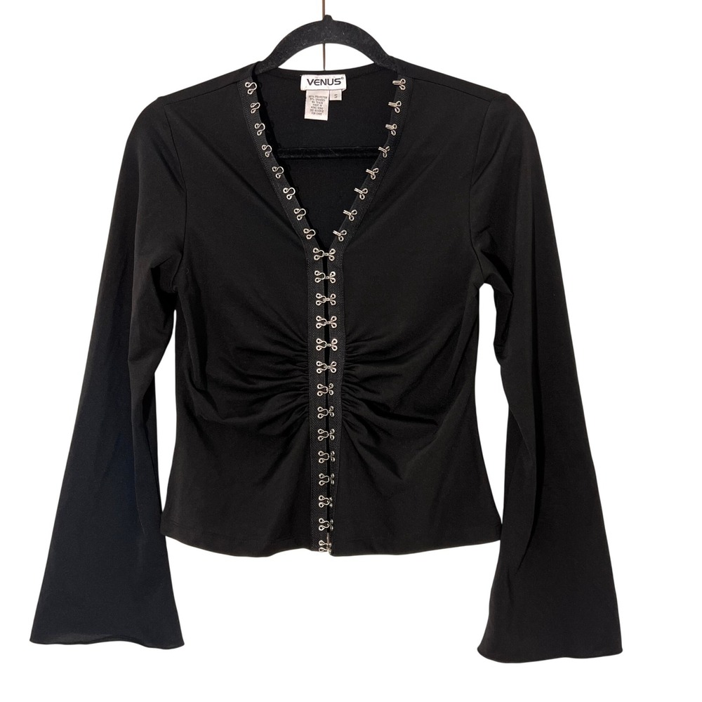 Vintage Y2K Venus Hook and Eye Top S Black Bell Sleeve Ruched Whimsigoth Witchy